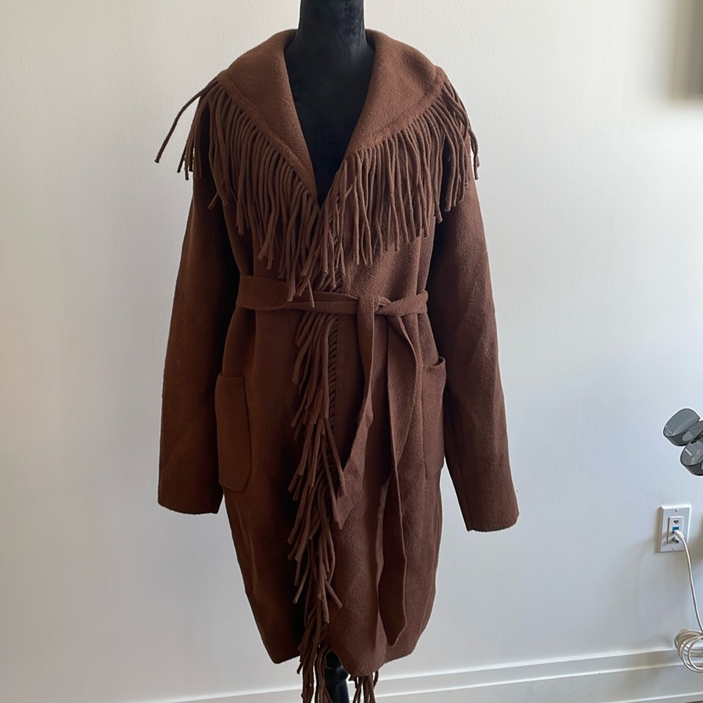 Chocolate Brown Aspen Chic Mid Length Coat with Fringe from Anthropologie